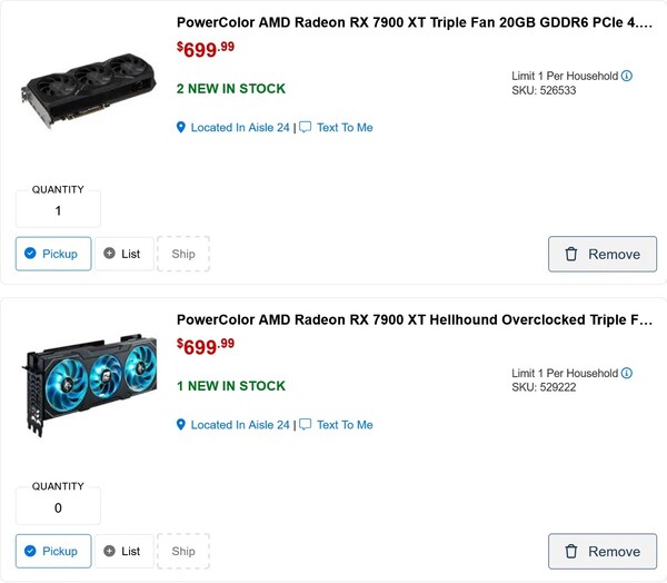 뉴에그에 올라온 파워컬러 AMD 라데온 RX 7900 XT의 가격